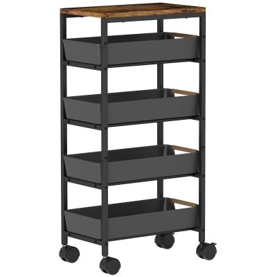 HOMCOM Carro de Cocina de 5 Niveles Carrito Auxiliar con Ruedas Tablero Efecto Madera Cajones Extraíbles 39,5x24x82 cm Negro