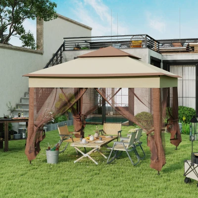 Outsunny 3x3m Pop Up Gazebo Patio Tent with Netting Khaki