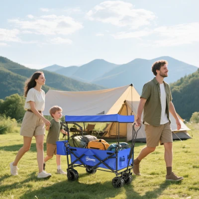 Outsunny Carro de Transporte Plegable con Toldo y Asa Telescópica Carga Máx. 68 kg para Playa Camping 117x55x98cm Azul