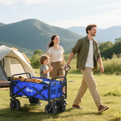 Outsunny Carro de Jardín Plegable con Longitud y Ángulo del Mango Ajustables y Bolsa de Transporte Carga 100 kg Azul Oscuro