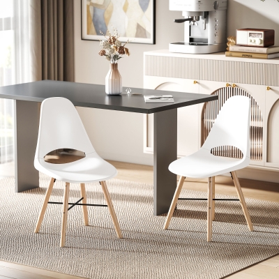 HOMCOM Pack de 2 Sillas de Comedor de Plástico con Respaldo Curvado y Patas de Madera de Caucho Blanco