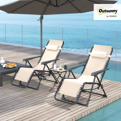 Outsunny Folding Zero Gravity Chairs, 3 Pieces Adjustable Sun Lounger and Table Set with Cup Holder and Headrest, Patio Bistro Set with Reclining Garden Chairs for Outdoor, Beige