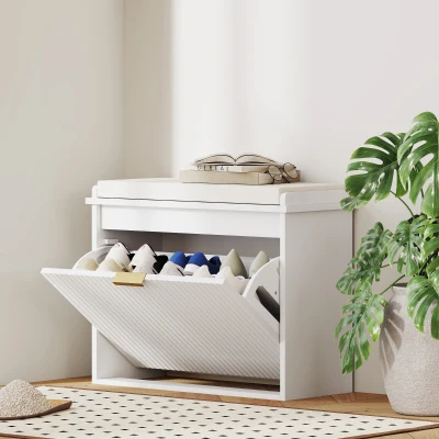 HOMCOM Banc à Chaussures 62x26x47,5cm Blanc Tiroir Rembourré