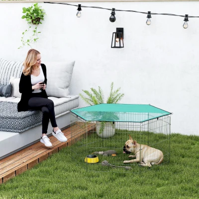 PawHut Parque de Juegos para Perros 6 Paneles 59x60 cm Plegables Valla Metálica para Mascotas con Puerta con Pestillo y Toldo Superior para Jardín Patio Exterior Plata