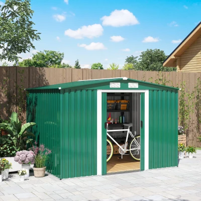 Outsunny Caseta de Metálico 258x206x178 cm 5,3m² con Puertas Correderas y Ventilaciones para Almacenamiento de Herramientas Verde