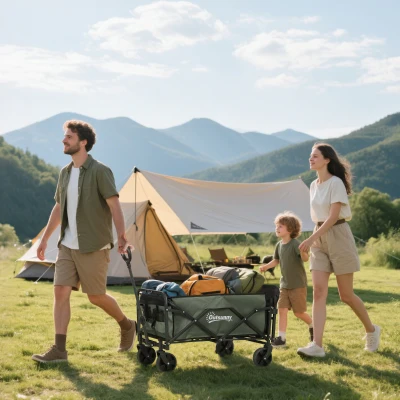 Outsunny Carro de Jardín Plegable con Mango Telescópico Ajustable Puerta Trasera Expandible para Campaña y Compra Verde
