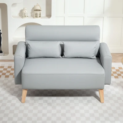 HOMCOM Sofá de 2 Lugares Estofado em Couro Sintético Sofá de Sala de Estar com Braços Acolchoados e Pernas de Madeira 117x78x78 cm Cinza