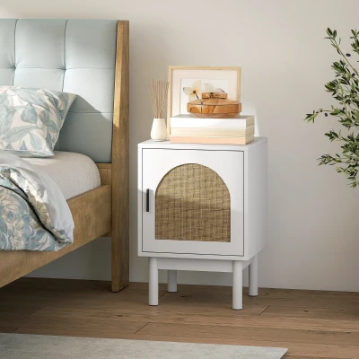 HOMCOM Mesa de Cabeceira com Porta de Vime Prateleira Ajustável e Pés de Madeira Estilo Boémio Mesa Auxiliar 40x35x58 cm Branco