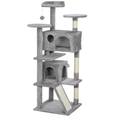 PawHut 138cm Cat Tree, Multi-Level Cat Tower with Scratching Posts and Pad, Bed, Condos, Platforms, Toy Balls, Light Grey