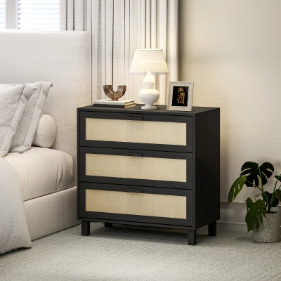 HOMCOM Rattan Chest 3-Drawer Boho Dresser Black