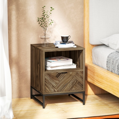 HOMCOM Bedside Table Drawer Shelf Brown Wood Effect