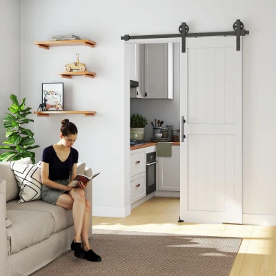 HOMCOM Puerta Corredera de Granero con Herrajes Manija Rodillo y Guía de Suelo Mejorados para Baño Salón 71,5x213,4 cm Blanco