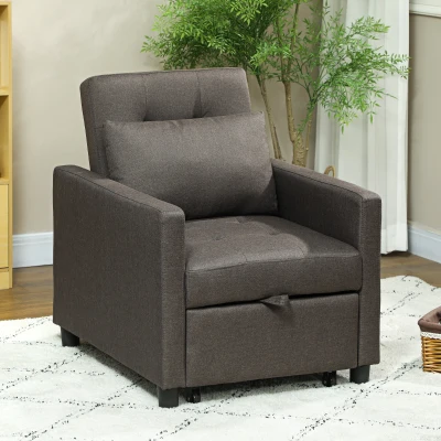 HOMCOM Sofá Cama Individual Poltrona com 4 Rodas Encosto Reclinável Almofada Extra e Assento Acolchoado 69x82,5x84 cm Cinzento