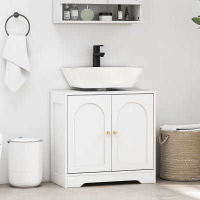 HOMCOM Mueble bajo Lavabo con 2 Puertas con Diseño de Arco Estante Ajustable Tiradores Dorados 60x30x65 cm Blanco