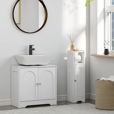 HOMCOM Móvel para Lavatório Pousar com 2 Portas em Arco Puxadores Dourados para Lavatório com ou sem Pedestal 60x30x65 cm Branco