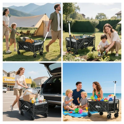 Outsunny Carro de Jardín Plegable con 4 Ruedas Longitud y Ángulo del Mango Ajustables Capacidad 70 L 77x50x63-93 cm Negro