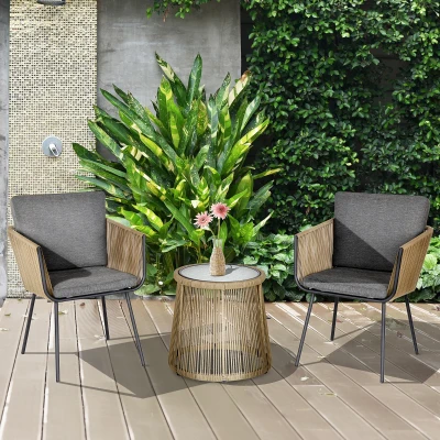 Outsunny 3-delige loungeset, 2 stoelen, bijzettafel, zit- en rugkussens, gehard glazen tafelblad, kunstrotan, grijs