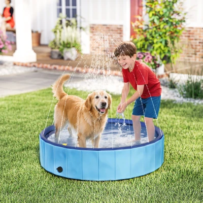 PawHut Piscina para Perros Grandes Plegable con Aspersor de PVC Antideslizante Resistente al Desgaste Ø120x30 cm Azul Claro