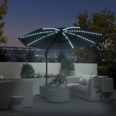 Outsunny Alu Ampelschirm LED Solar Ø300 cm höhenverstellbar Sonnenschirm mit Kurbel Ständer UV50+ Dunkelgrau