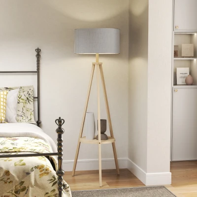 HOMCOM Lámpara de Pie Tipo Trípode con Estructura de Madera Natural y Pantalla de Tela Gris con Estante Integrado 48x48x153 cm