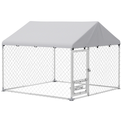 PawHut Canil Exterior com Toldo 2x2x1,54 m Gaiola para Cães em Aço Galvanizado com Suporte para Comida Giratório e Ajustável Prata