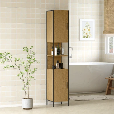 HOMCOM Tall Bathroom Cabinet Natural Wood with Adjustable Shelves