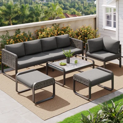 Loungemöbel - Rattan-Möbel Set für Garten, Moderner Garten-Tisch mit Stühlen, 120 cm Sofa, für 6-7 Personen, Grau
