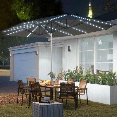 Outsunny Doppelschirm mit Solar-Lichtern, Aluminium, Polyester, UPF50+ Schutz, UV-beständig, Terrassenschirm, Dunkelgrau