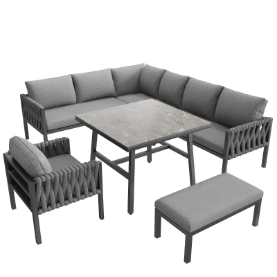 Set di mobili da giardino con divano angolare e piano d'appoggio in vetro temperato, Grigio