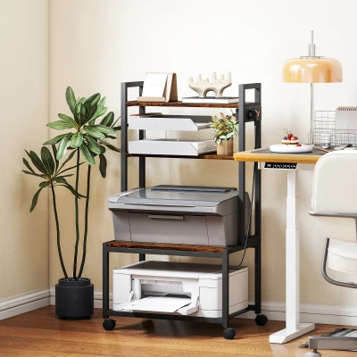 HOMCOM Carrello Porta Stampante con Prese di Corrente Marrone