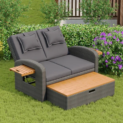 Garten Sofa für 2 Personen mit verstellbarer Rückenlehne und Outdoor-Bett-Funktion, Rattan Design, Grau