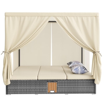 Cama Doble de Jardín con Cortina de Sombra Tumbona de Ratán con Respaldo Ajustable y Mesa Auxiliar Desmontable 187x 128x 186 Cm Beige