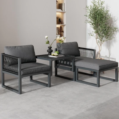 Ensemble de salon de jardin avec 2 fauteuils et 2 tabourets, Gris