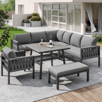 Ensemble de meubles de jardin avec canapé d'angle et plateau de table en verre trempé, Gris