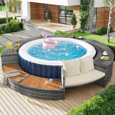 Loungemöbel - Garten-Lounge-Set 200 cm, PE-Rattan, verstellbare Füße, mit Stauraum, für Pool und Whirlpool, Grau