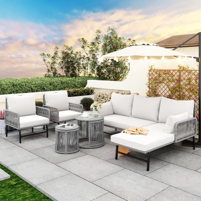 Loungemöbel 63x60x79, Gartenlounge-Set mit Handgezogenem Seil und Eisenrahmen, 2 Sessel, 2 2-Sitzer, 2 Tische, Grau
