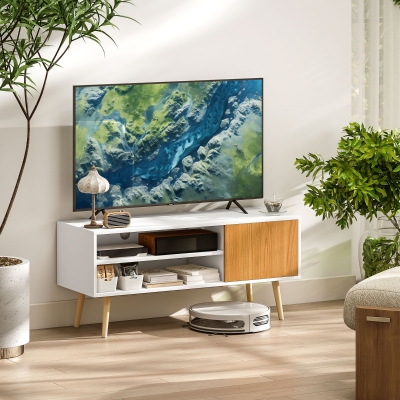 HOMCOM Mueble de TV con 2 Compartimentos Orificio para Cables para Televisión de 55 Pulgadas 110x40x50 cm Blanco y Natural