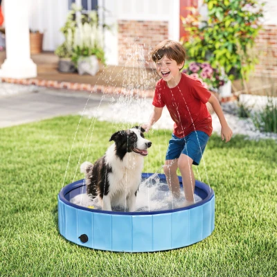 PawHut Piscina para Perros Medianos y Pequeños Plegable con Aspersor de PVC Antideslizante Resistente Ø100x30 cm Azul Claro