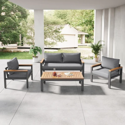 Ensemble de mobilier de jardin 4 pièces avec cadre en acier galvanisé, Gris