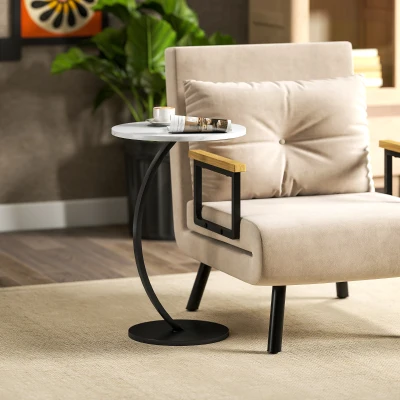 HOMCOM C-Shaped Side Table Marble Top Metal Frame White