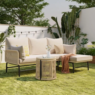 Loungemöbel - Handgezogenes Seil Sofa Set, Metallgestell, L-förmiges Design für Garten, Beige