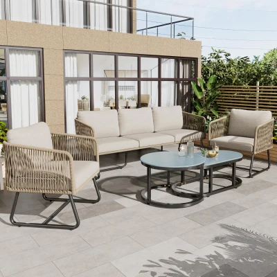 Ensemble de salon de jardin 5 pièces avec corde, Beige