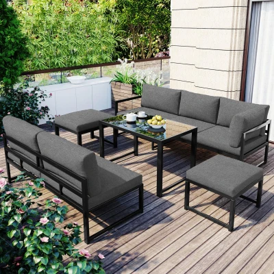 5-teiliges Gartenmöbel-Set, Sitzgruppe mit verstellbarer Rückenlehne, Schwarz+Grau
