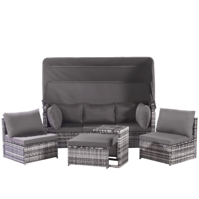 Conjunto de Muebles de Jardín de Ratán Isla de Sol con Sofá Sillones Taburete y Mesa Gris