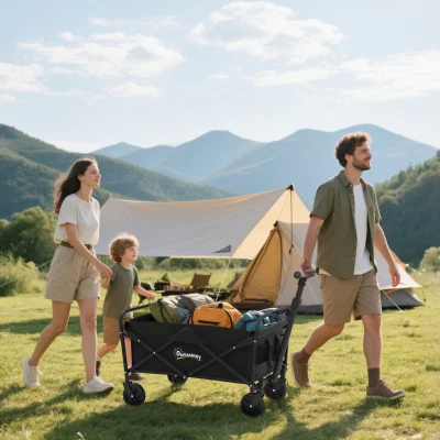 Outsunny Carro de Jardín Plegable con Ruedas Asa Telescópica Ajustable Carga 120 kg para Campaña Compra 64x42x27 cm Negro