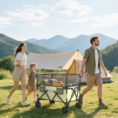Outsunny Carro Plegable 180 L con Longitud y Ángulo del Mango Ajustables y Paredes Laterales Extensibles Carga 120 kg Caqui