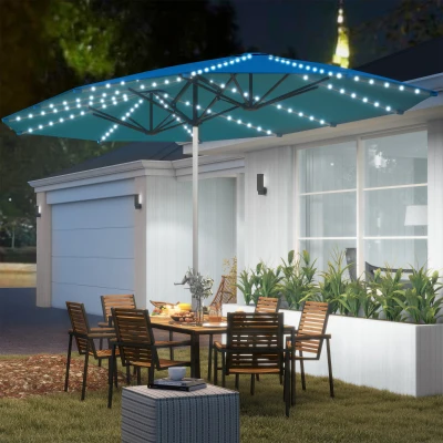 Outsunny Doppelschirm mit Solar-Lichtern, Aluminium, Polyester, UPF50+ Schutz, UV-beständig, Terrassenschirm, Blau