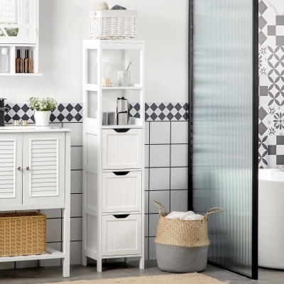 HOMCOM Armario Alto de Baño Estrecho con 3 Cajones y 2 Estantes Abiertos Estilo Moderno 30x30x141,6 cm Blanco