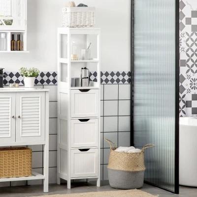 HOMCOM Armario Alto de Baño Estrecho con 3 Cajones y 2 Estantes Abiertos Estilo Moderno 30x30x141,6 cm Blanco