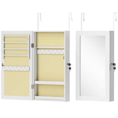 HOMCOM Espejo Joyero de Pared con Cerradura y Varios Compartimentos Montar en Pared o Puerta Blanco y Forro Crema